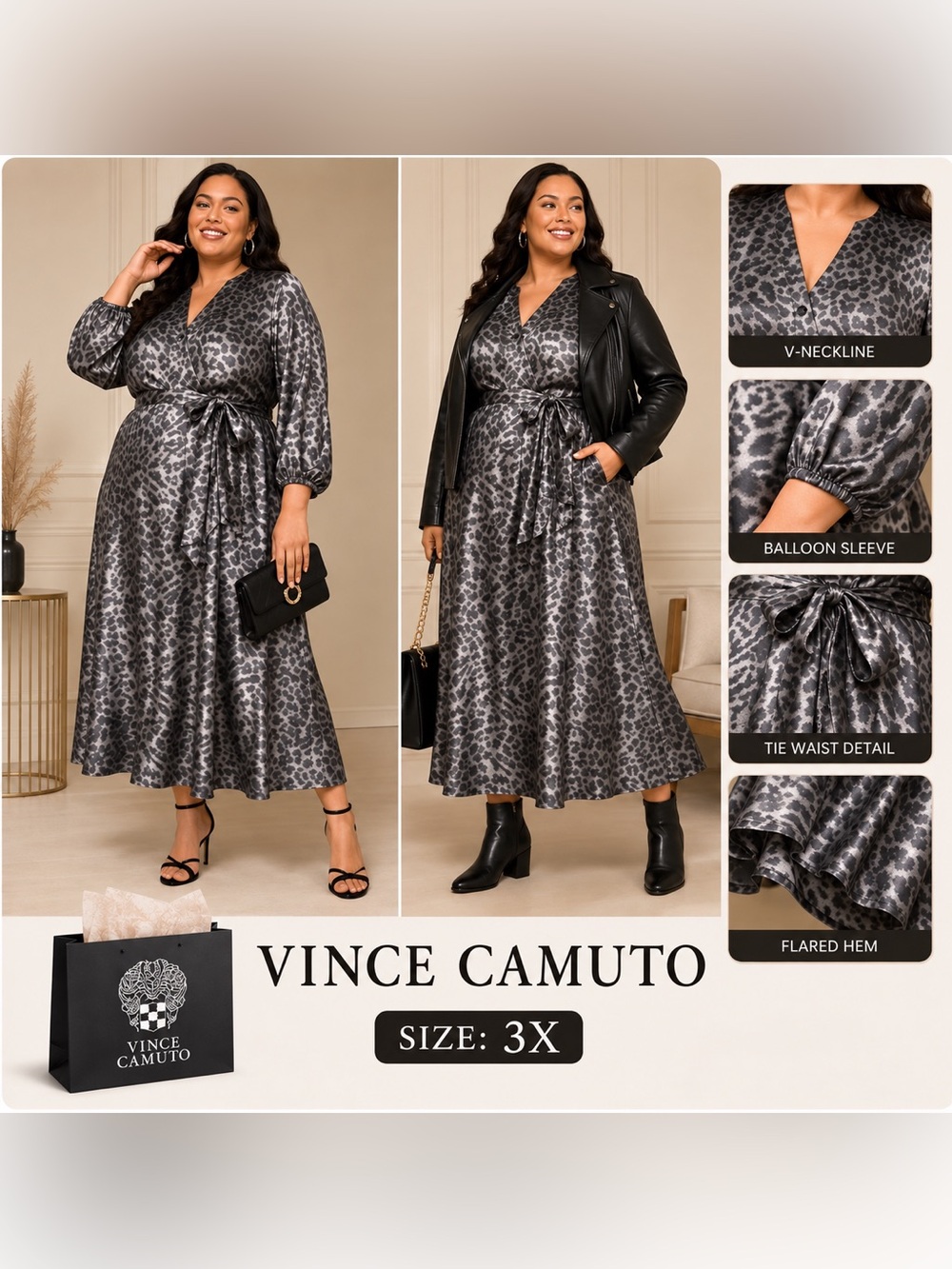 Vince Camuto Silver and Black Leopard Print Maxi Dress